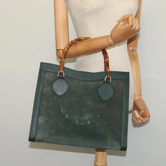 GUCCI Bamboo Hand Bag Suede Green Gold - Picture 1 of 15